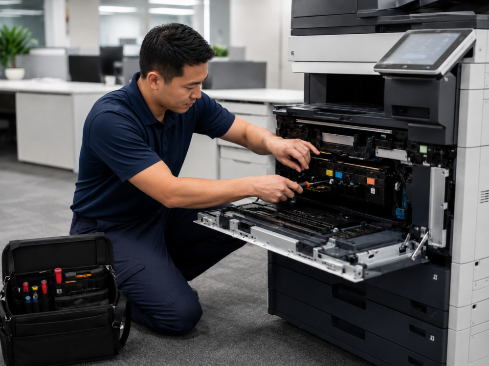 Printer Repair Service: Common Office Copier Breakdowns, Costs, and When to Call a Technician 2 Professional technician fixing office copier